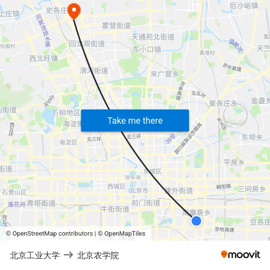 北京工业大学 to 北京农学院 map