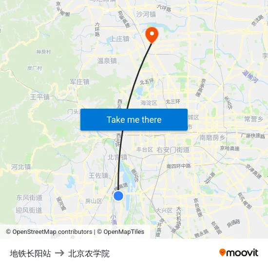 地铁长阳站 to 北京农学院 map
