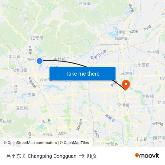 昌平东关 Changping Dongguan to 顺义 map