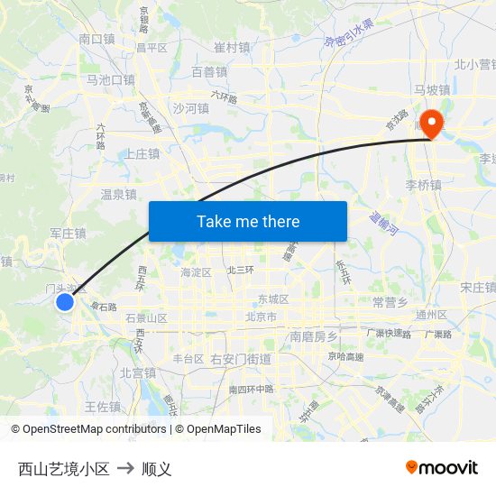 西山艺境小区 to 顺义 map