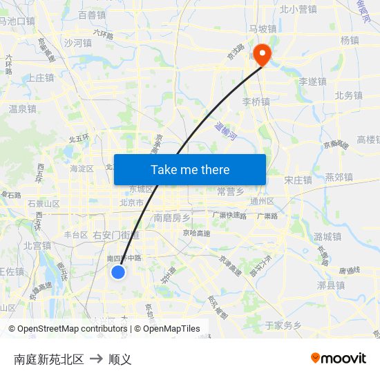 南庭新苑北区 to 顺义 map