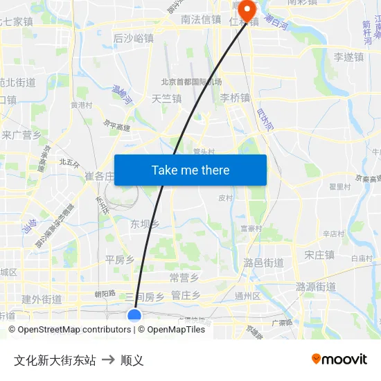 文化新大街东站 to 顺义 map
