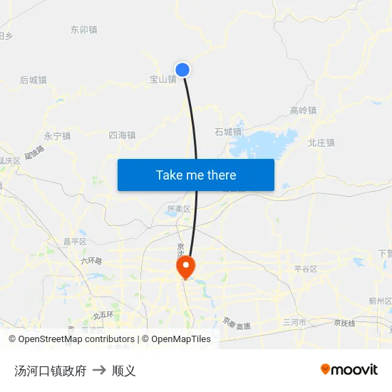 汤河口镇政府 to 顺义 map
