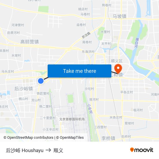 后沙峪 Houshayu to 顺义 map