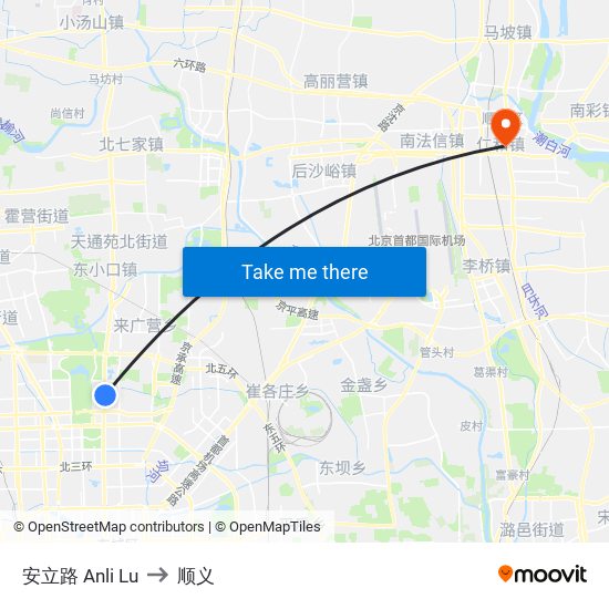 安立路 Anli Lu to 顺义 map