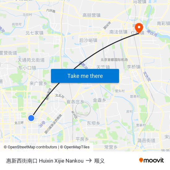 惠新西街南口 Huixin Xijie Nankou to 顺义 map