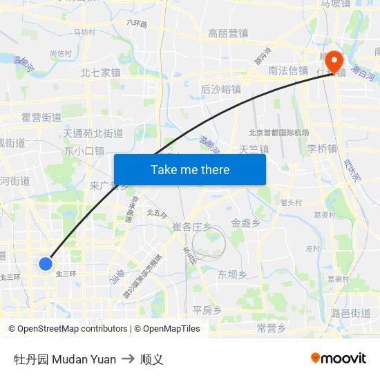 牡丹园 Mudan Yuan to 顺义 map