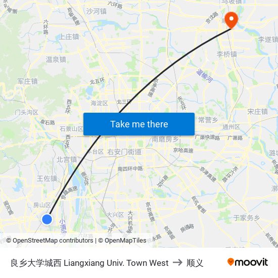 良乡大学城西 Liangxiang Univ. Town West to 顺义 map