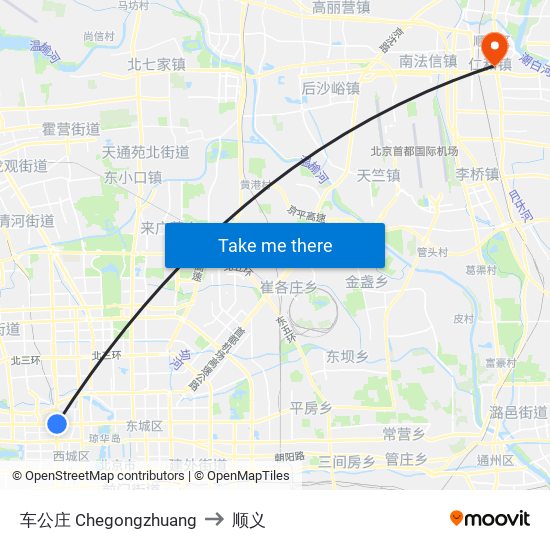 车公庄 Chegongzhuang to 顺义 map