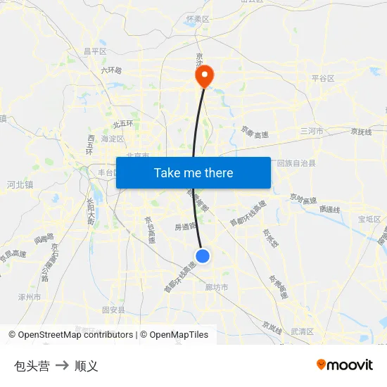 包头营 to 顺义 map