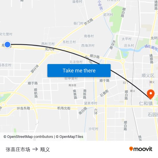 张喜庄市场 to 顺义 map