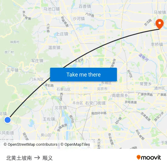 北黄土坡南 to 顺义 map