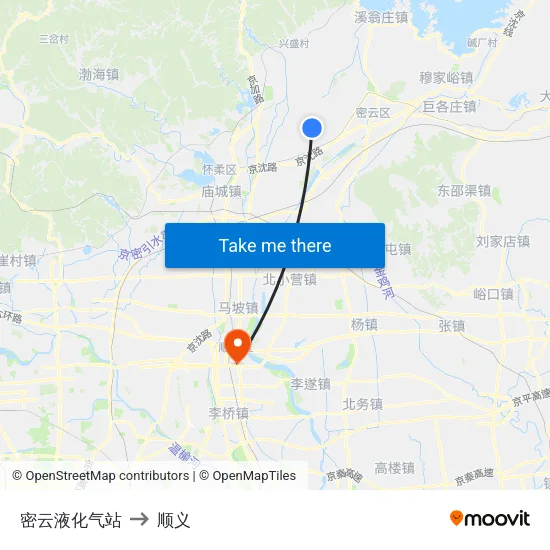 密云液化气站 to 顺义 map