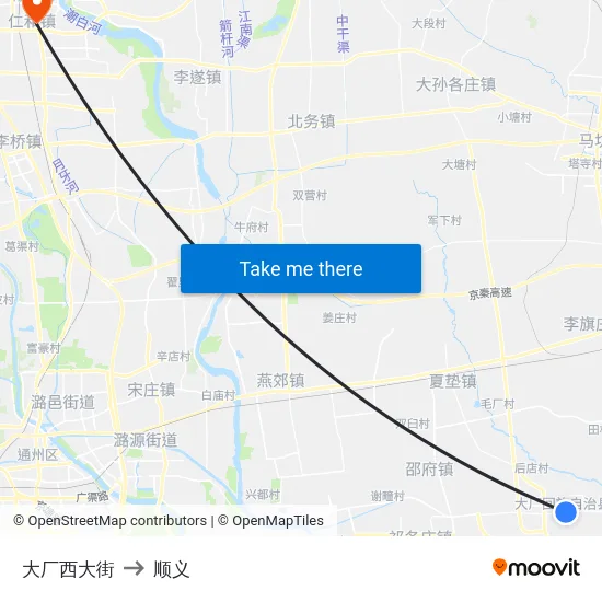 大厂西大街 to 顺义 map
