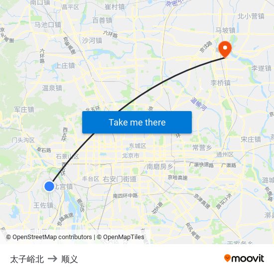 太子峪北 to 顺义 map