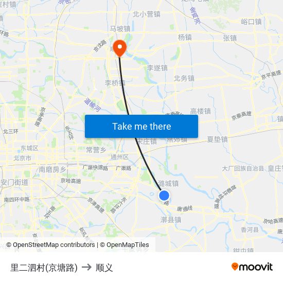 里二泗村(京塘路) to 顺义 map