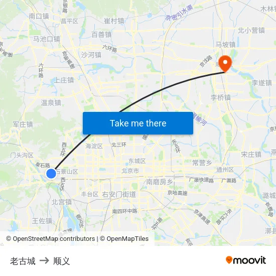 老古城 to 顺义 map
