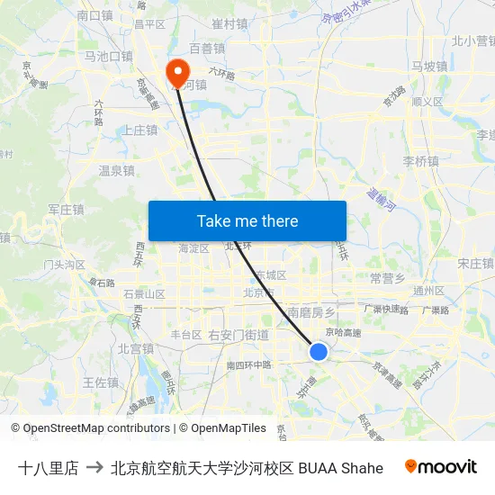 十八里店 to 北京航空航天大学沙河校区 BUAA Shahe map