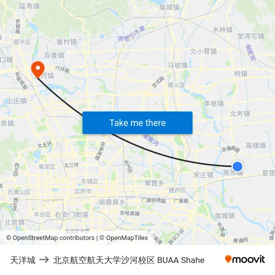 天洋城 to 北京航空航天大学沙河校区 BUAA Shahe map
