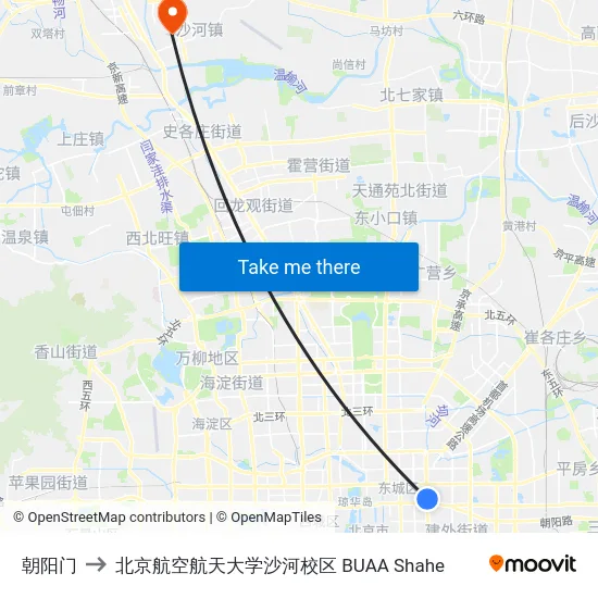 朝阳门 to 北京航空航天大学沙河校区 BUAA Shahe map