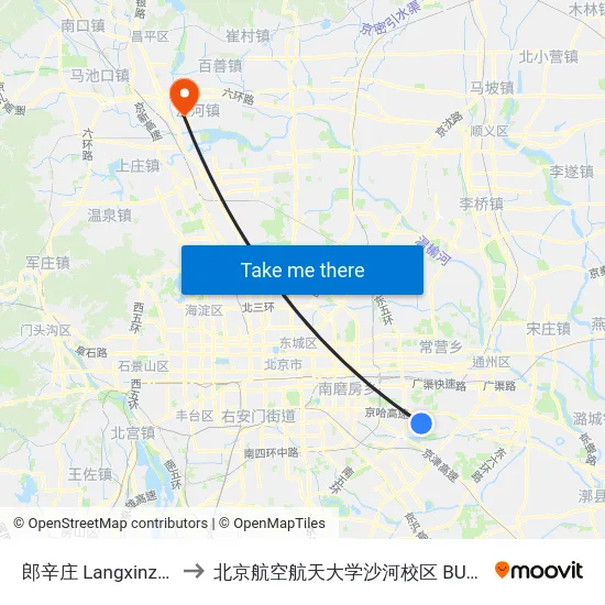 郎辛庄 Langxinzhuang to 北京航空航天大学沙河校区 BUAA Shahe map