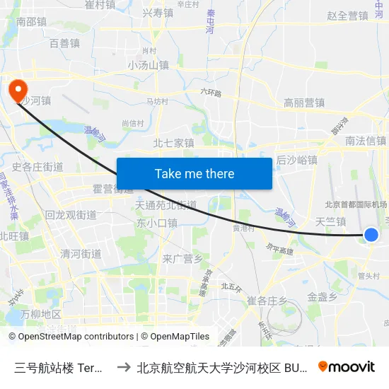 三号航站楼  Terminal 3 to 北京航空航天大学沙河校区 BUAA Shahe map