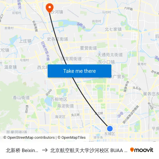 北新桥 Beixinqiao to 北京航空航天大学沙河校区 BUAA Shahe map