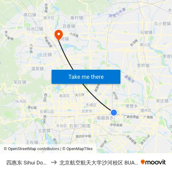 四惠东 Sihui Dong (E) to 北京航空航天大学沙河校区 BUAA Shahe map