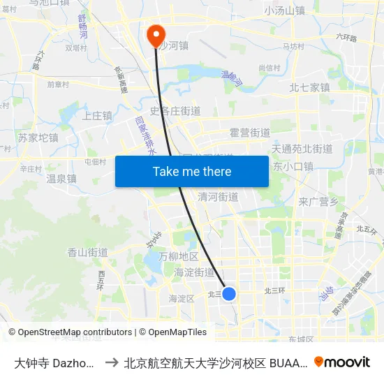 大钟寺 Dazhong Si to 北京航空航天大学沙河校区 BUAA Shahe map