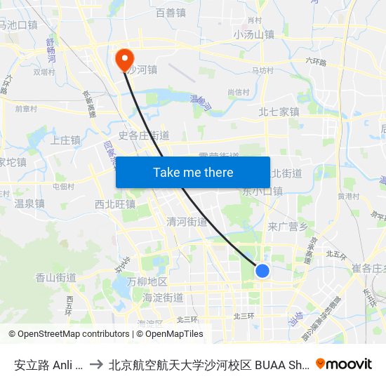 安立路 Anli Lu to 北京航空航天大学沙河校区 BUAA Shahe map