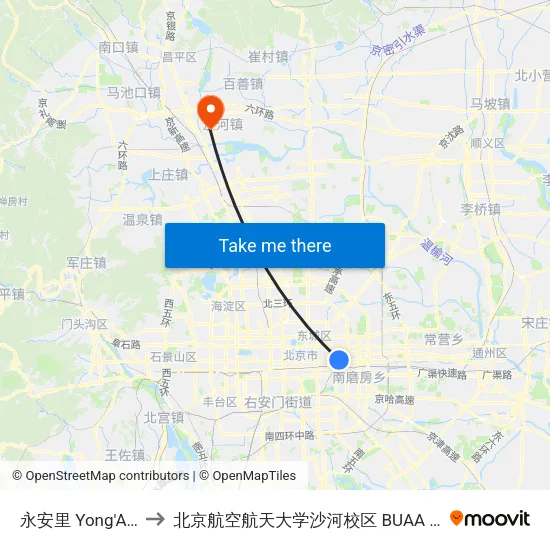 永安里 Yong'An Li to 北京航空航天大学沙河校区 BUAA Shahe map
