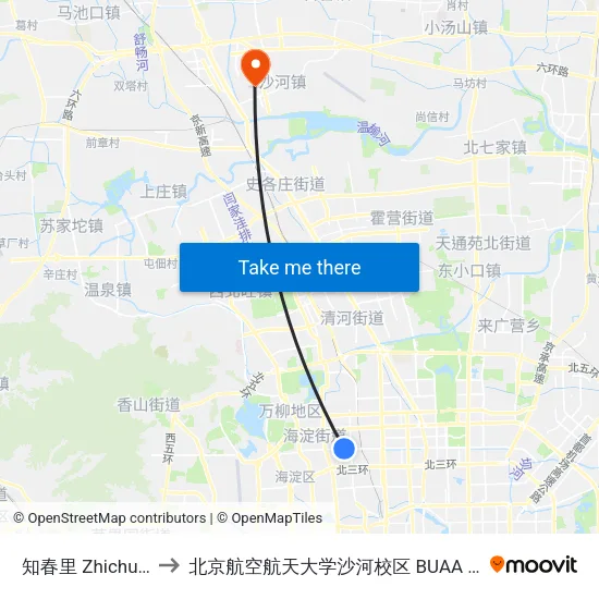 知春里 Zhichun Li to 北京航空航天大学沙河校区 BUAA Shahe map