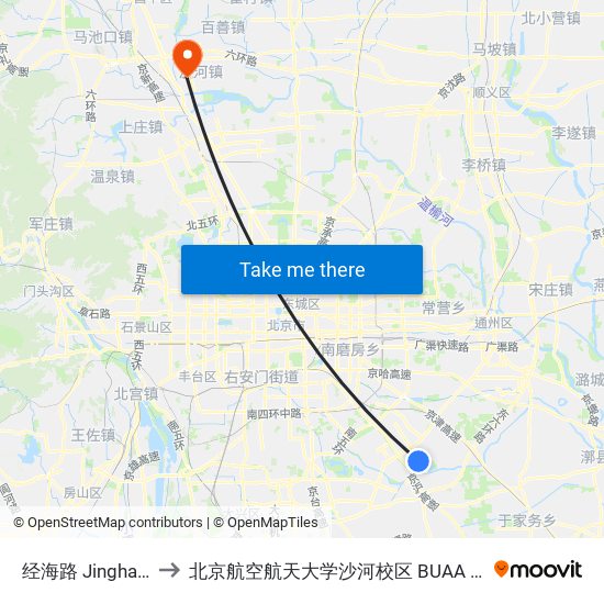 经海路 Jinghai Lu to 北京航空航天大学沙河校区 BUAA Shahe map