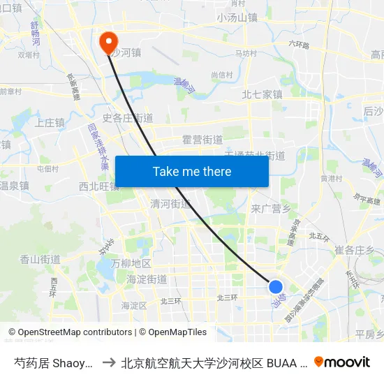 芍药居 Shaoyaoju to 北京航空航天大学沙河校区 BUAA Shahe map
