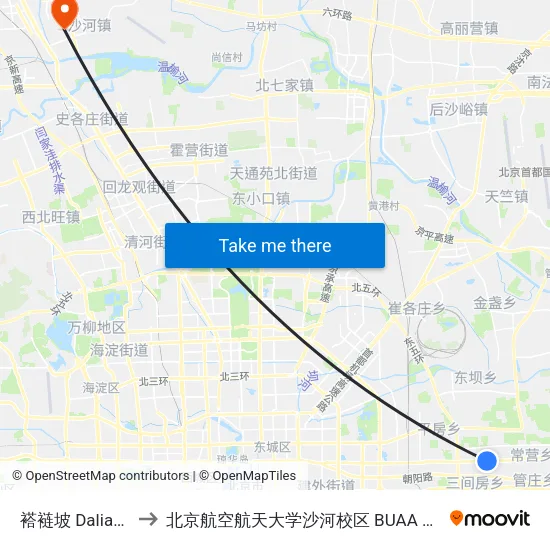 褡裢坡 Dalianpo to 北京航空航天大学沙河校区 BUAA Shahe map