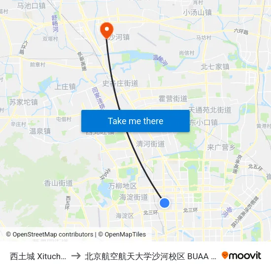 西土城 Xitucheng to 北京航空航天大学沙河校区 BUAA Shahe map