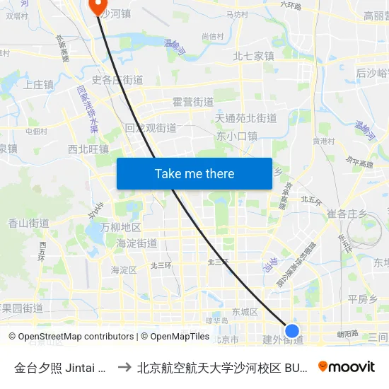 金台夕照 Jintai Xizhao to 北京航空航天大学沙河校区 BUAA Shahe map