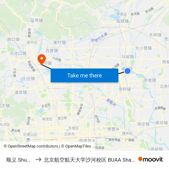 顺义 Shunyi to 北京航空航天大学沙河校区 BUAA Shahe map