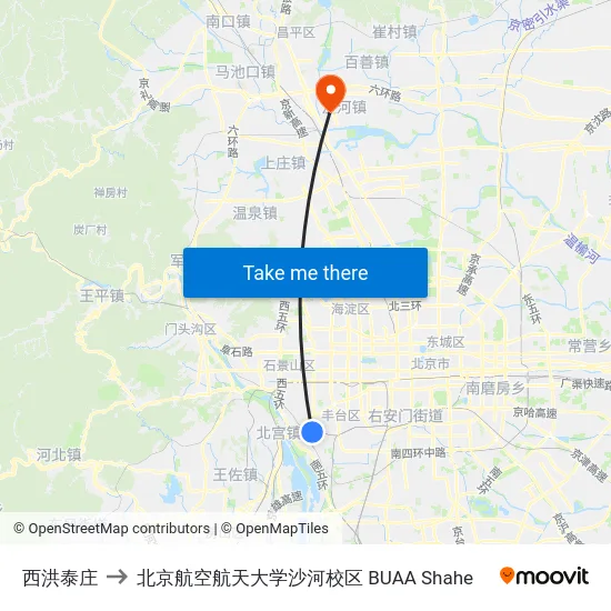 西洪泰庄 to 北京航空航天大学沙河校区 BUAA Shahe map