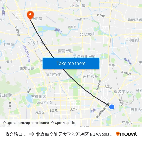 将台路口北 to 北京航空航天大学沙河校区 BUAA Shahe map