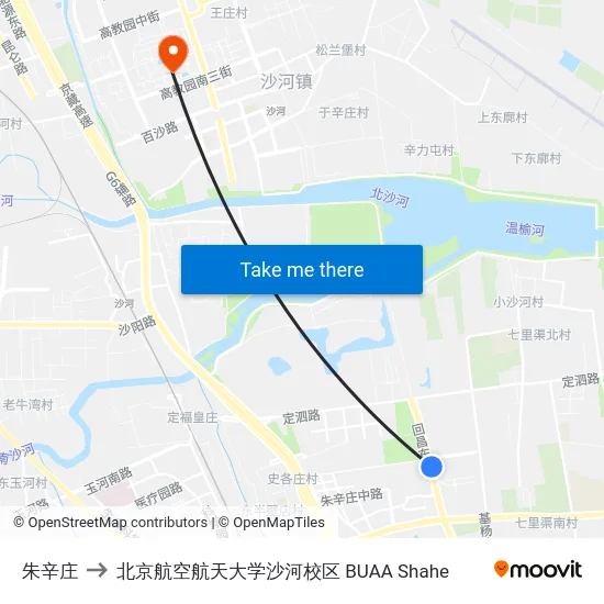 朱辛庄 to 北京航空航天大学沙河校区 BUAA Shahe map