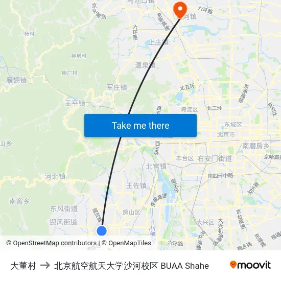 大董村 to 北京航空航天大学沙河校区 BUAA Shahe map