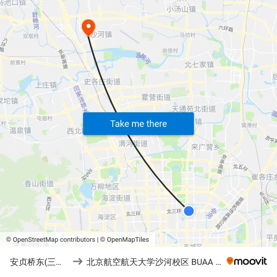 安贞桥东(三环主) to 北京航空航天大学沙河校区 BUAA Shahe map