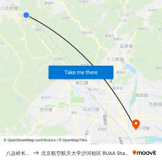 八达岭长城 to 北京航空航天大学沙河校区 BUAA Shahe map