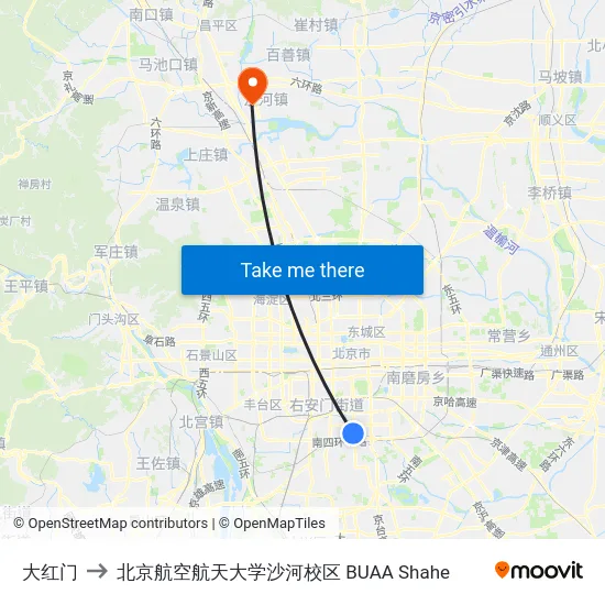 大红门 to 北京航空航天大学沙河校区 BUAA Shahe map