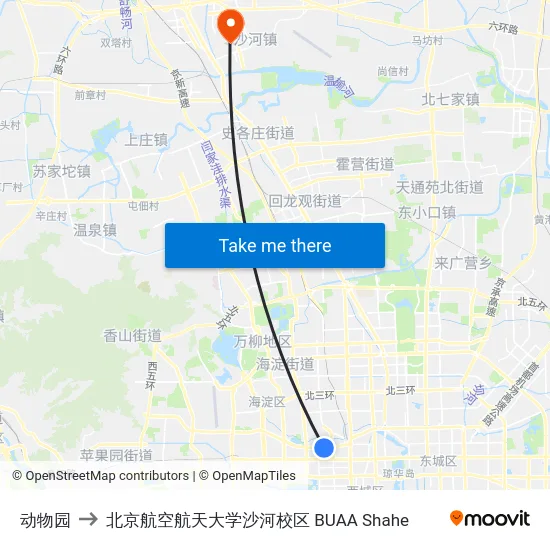 动物园 to 北京航空航天大学沙河校区 BUAA Shahe map