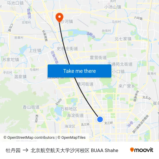 牡丹园 to 北京航空航天大学沙河校区 BUAA Shahe map