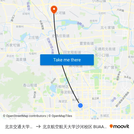 北京交通大学东门 to 北京航空航天大学沙河校区 BUAA Shahe map