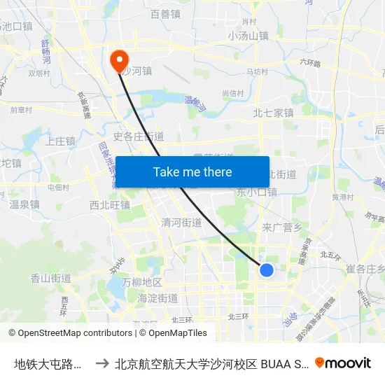 地铁大屯路东站 to 北京航空航天大学沙河校区 BUAA Shahe map