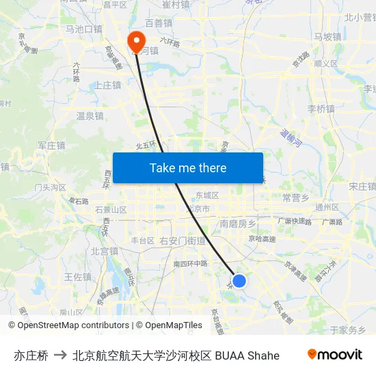 亦庄桥 to 北京航空航天大学沙河校区 BUAA Shahe map